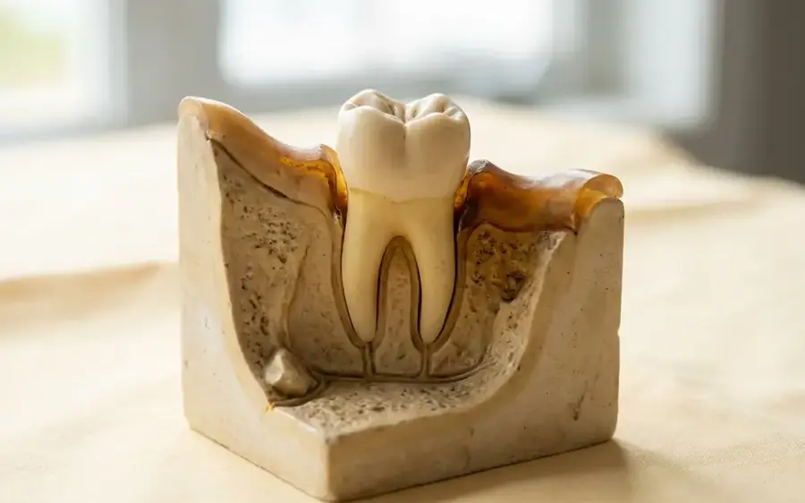 Anatomical model of a tooth with a deepened gum pocket
