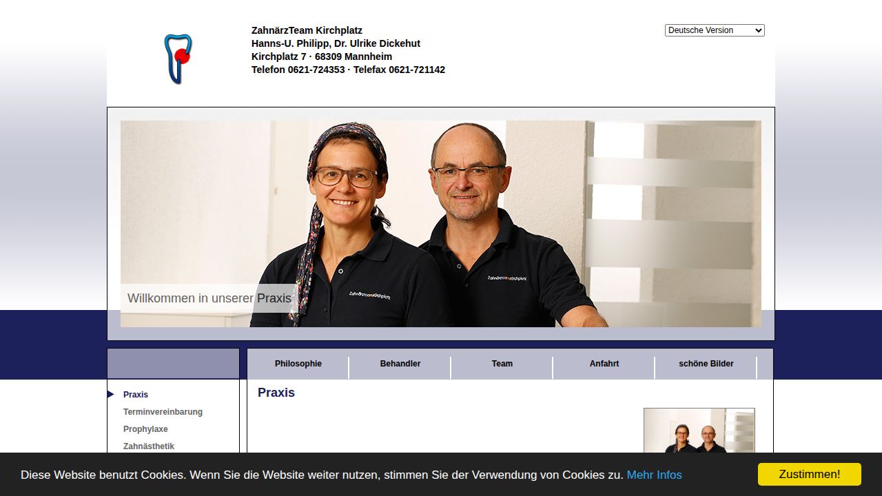 Startpagina van de website van Zahn&auml;rzTeam Kirchplatz Hanns-Ulrich Philipp, Dr. Ulrike Dickehut