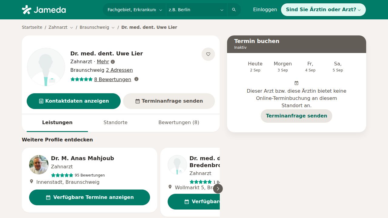 Startpagina van de website van Dr.med.dent. Uwe Lier